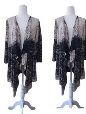 Kasper Black and Cream Speckled Draped Open-Front Cardigan Large